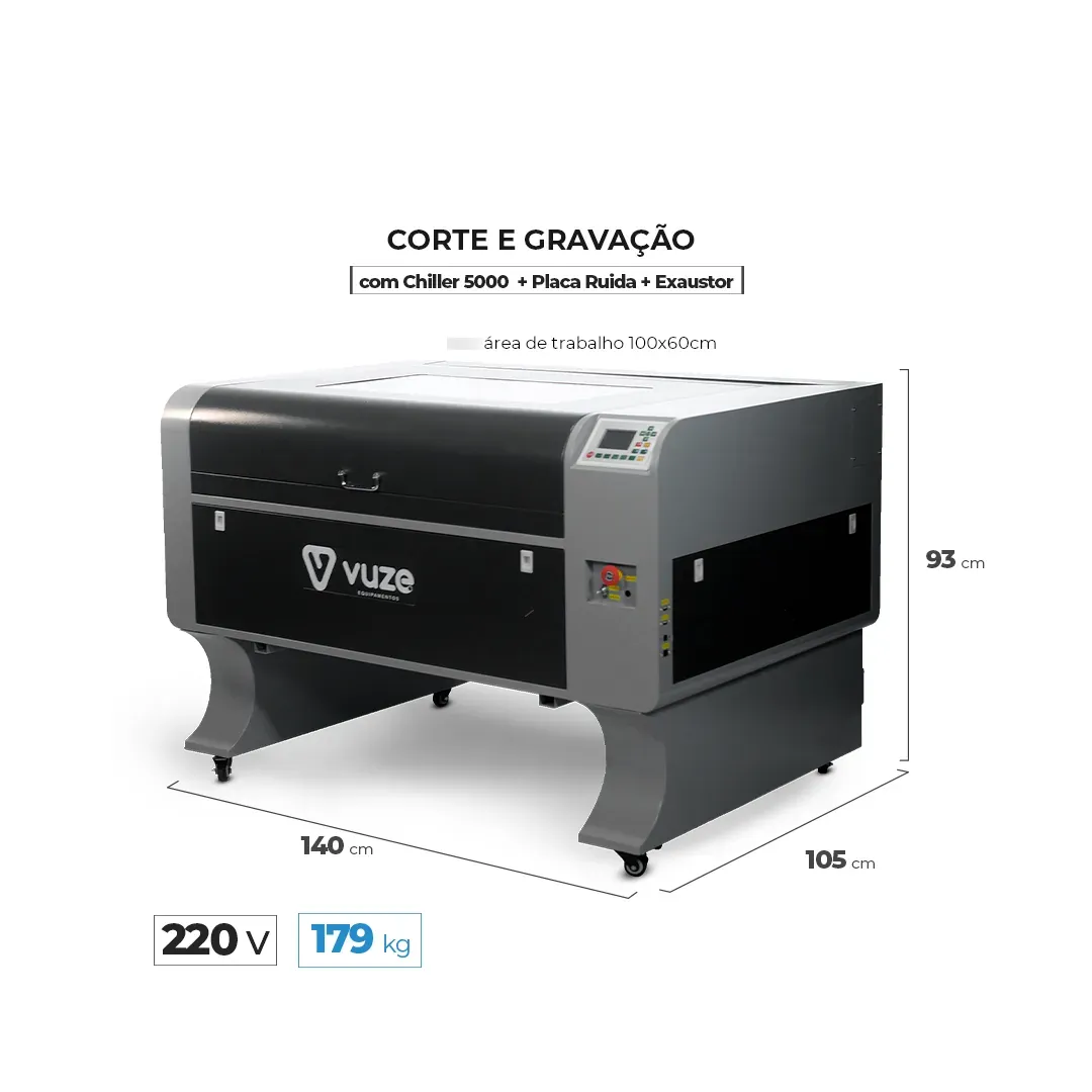Dimensões da CNC Laser Vuze 10060: 93 × 105 × 140 cm