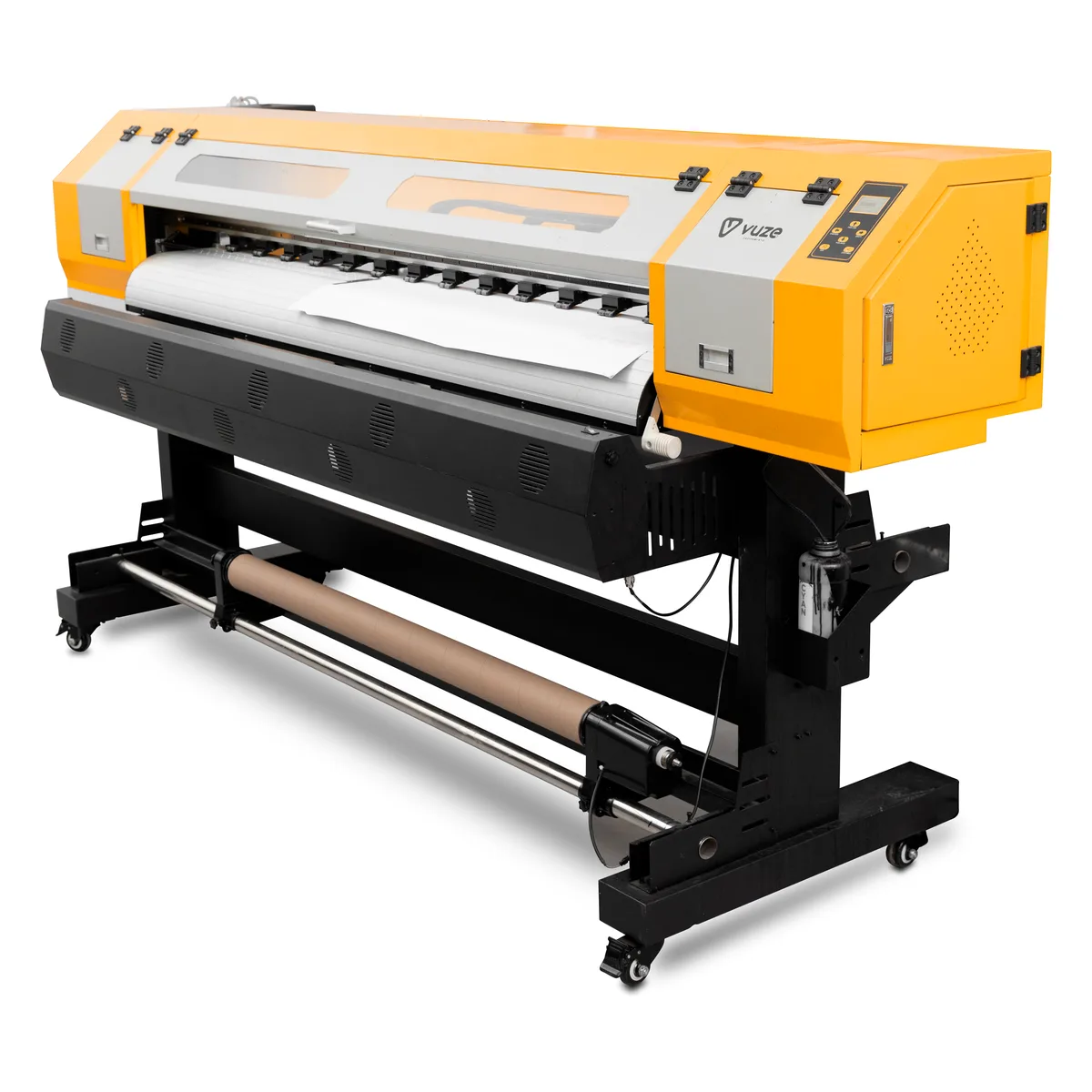 Plotter Vuze Eco 180 16 em perspectiva, com rebobinador e secador